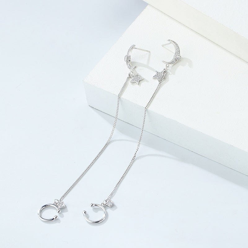 S925 Sterling Silver Star Moon Ear Thread Ear Buckle Women's Korean Personalized Chain Star Moon Ear Clip Fashion Versatile Ear Jewelry Ainuua