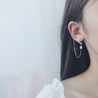 S925 Sterling Silver Star Moon Ear Thread Ear Buckle Women's Korean Personalized Chain Star Moon Ear Clip Fashion Versatile Ear Jewelry Ainuua
