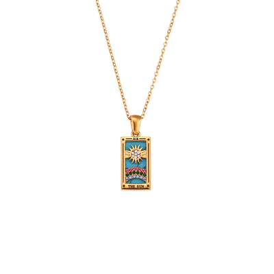 Fashion Tarot Necklace With Rhinestones Diamond Set Pendant Stainless Steel Rectangular Drip Necklace Jewelry Ainnua