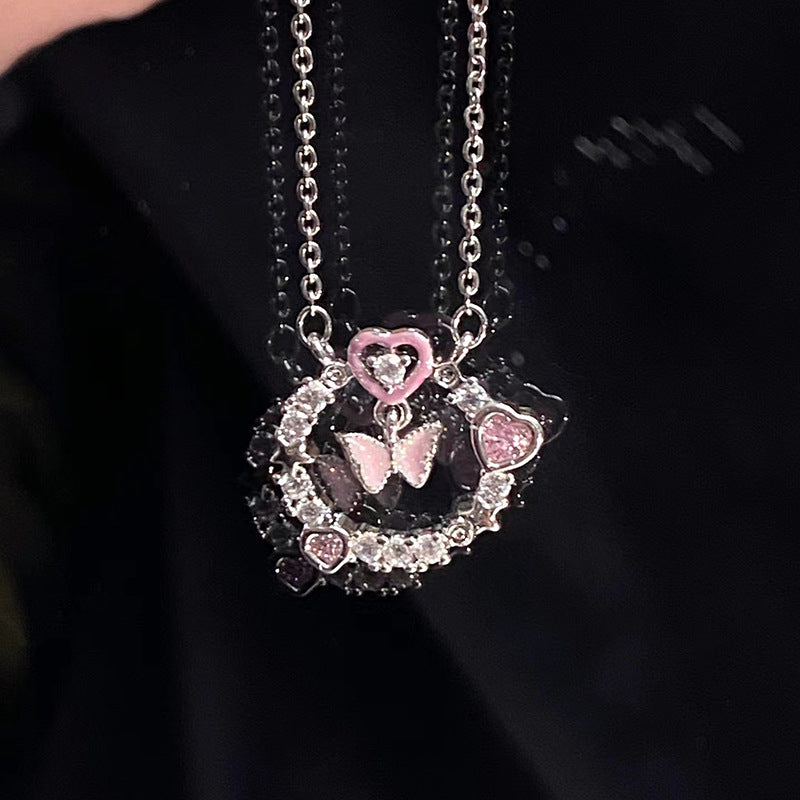 Love pink diamond butterfly necklace for women, light luxury and niche design, spring butterfly dream clavicle chain, titanium steel, 2023 new model Ainuua