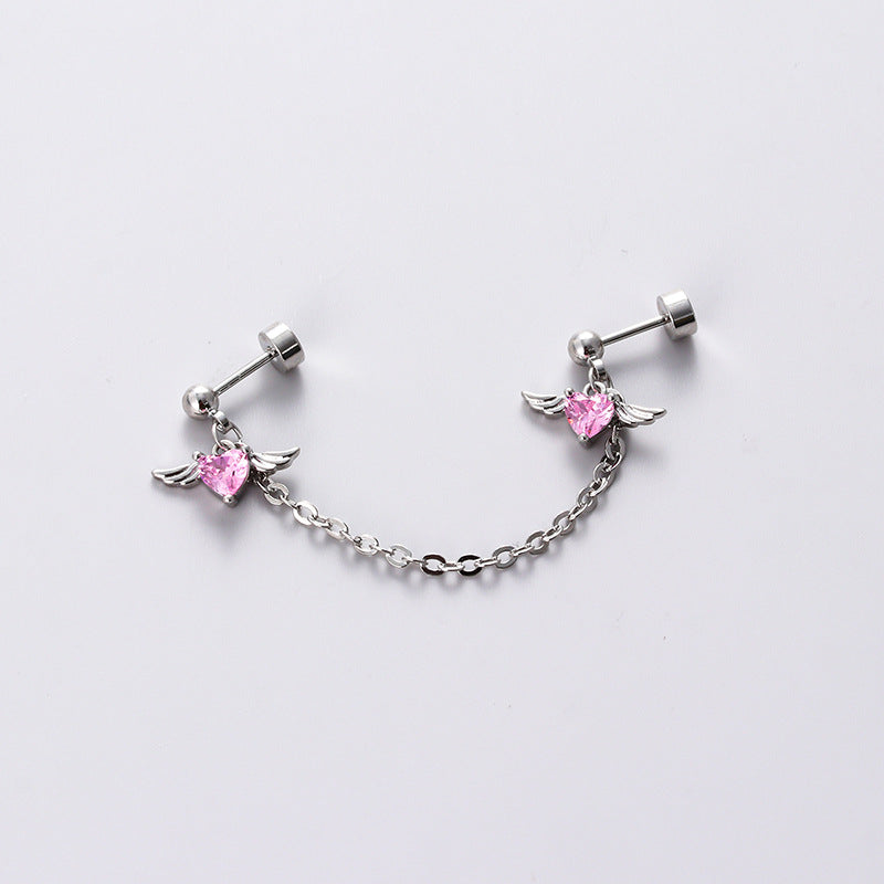 Henson titanium steel earbone studs pink zircon love studs sweet cool chain wing screws earrings high quality Ainuua