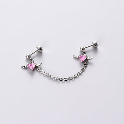 Henson titanium steel earbone studs pink zircon love studs sweet cool chain wing screws earrings high quality Ainuua