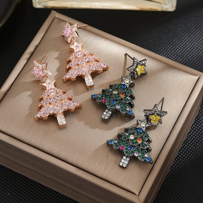 S925 silver needle earrings micro-inlaid zircon star Christmas tree earrings temperament Joker earrings female Ainuua