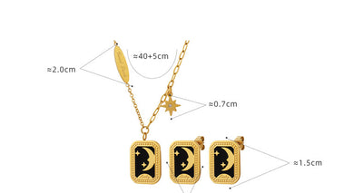Star Moon Square Sign Letter Necklace ( 18K Gold Earrings Jewelry Set) Ainuua