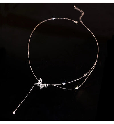 Double Zircon Butterfly Tassel Necklace (Titanium steel) Ainuua