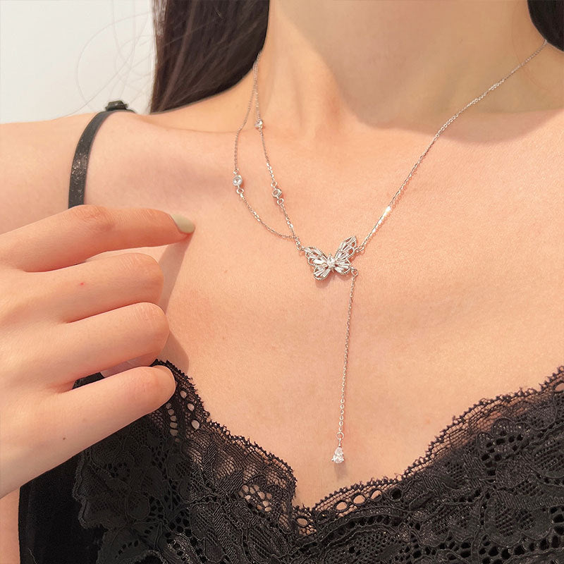 925 sterling silver butterfly zircon tassel drop necklace is simple, lovely, sweet, small and fresh Mori clavicle chain N1131 Ainuua