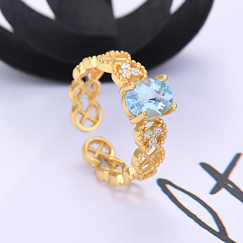 S925 silver peridot garnet amethyst citrine blue topaz openwork lace gold open ring Ainuua