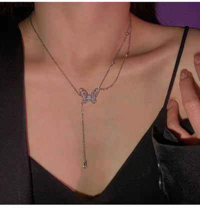 Double Zircon Butterfly Tassel Necklace (Titanium steel) Ainuua