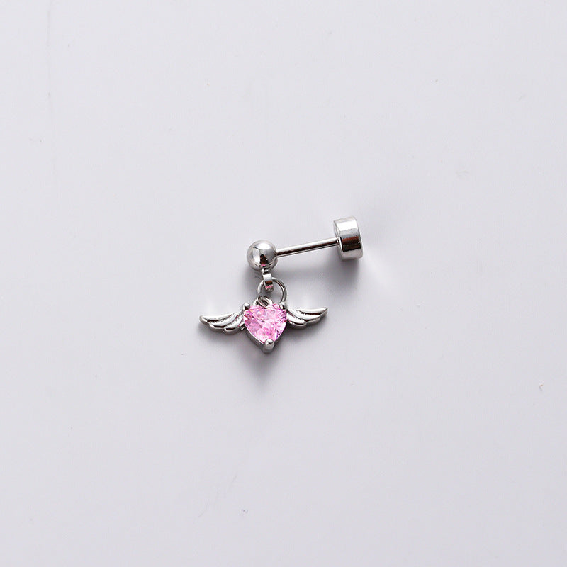 Henson titanium steel earbone studs pink zircon love studs sweet cool chain wing screws earrings high quality Ainuua