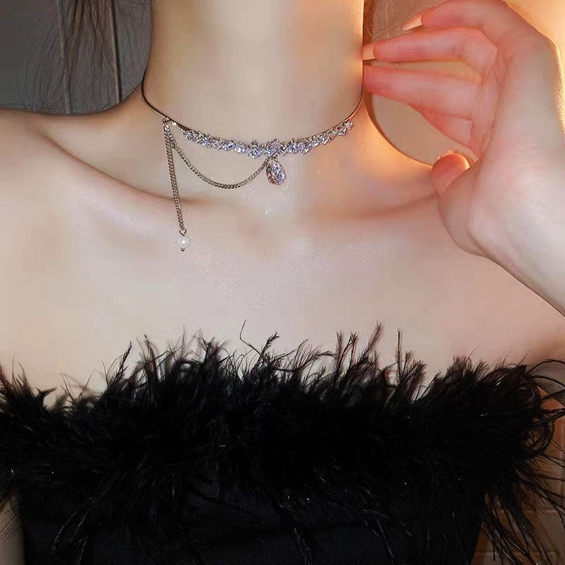 Choker glitter diamond collar women's necklace grade design sense niche collarbone chain necklace wedding dress accessories earrings Ainuua