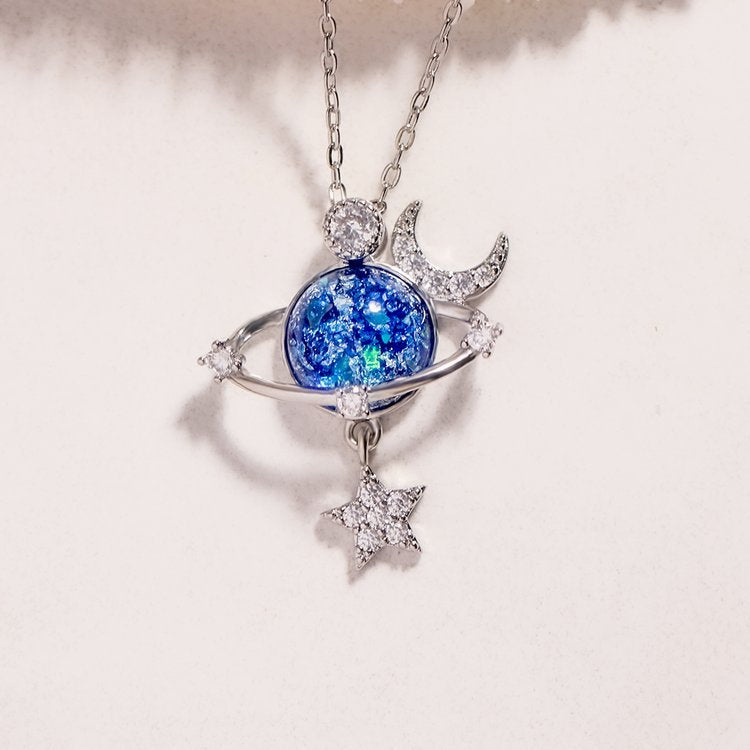 Starry star with moon Zircon Necklace ( S925 Silver)