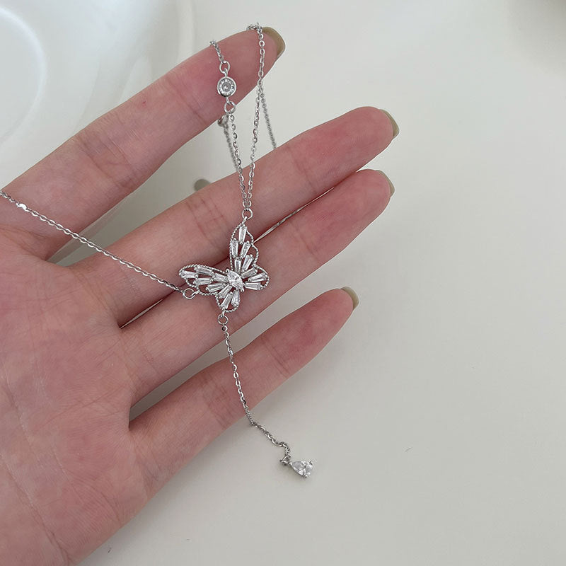925 sterling silver butterfly zircon tassel drop necklace is simple, lovely, sweet, small and fresh Mori clavicle chain N1131 Ainuua