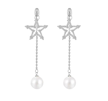 Diamond five-pointed star pearl tassel earrings Ainnua