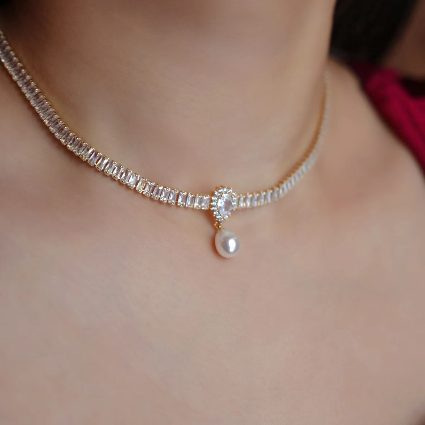 Sparkling Small Pearl Diamond Necklace Ainnua