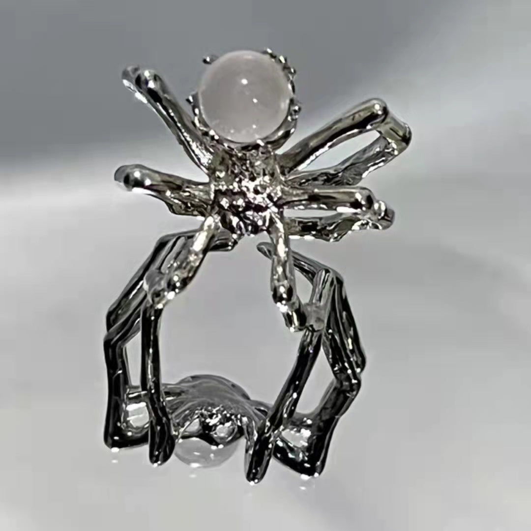 Crystal Ball Spider Dark Avant-Garde Moonstone Ring Ainuua
