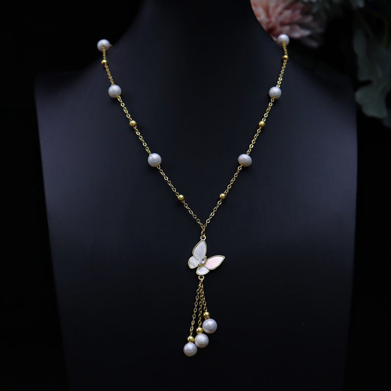 Pearl Butterfly Tassel Necklace Ainuua