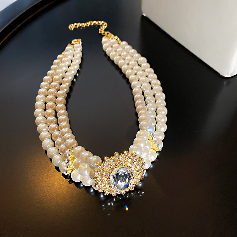 Crystal diamond multi-row pearl necklace Ainuua