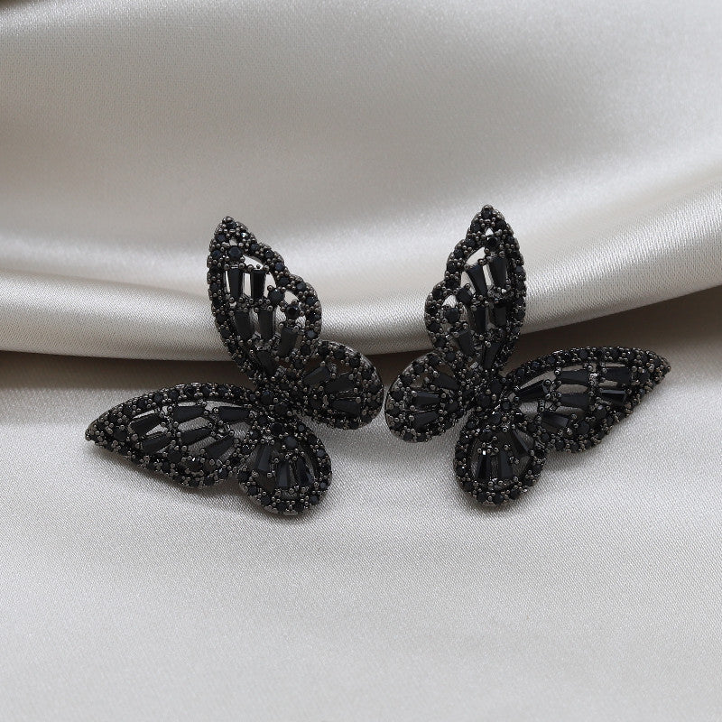 Black Crystal Butterfly Ring Earring Set For Women Ainnua