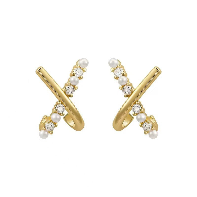 Delicate Petite Cross Pearl Stud Earrings ainuua