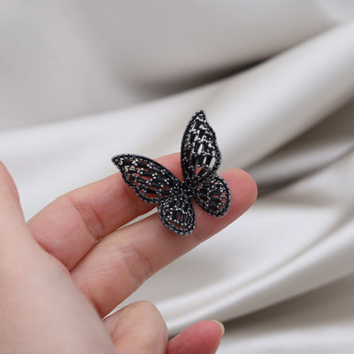 Black Crystal Butterfly Ring Earring Set For Women Ainnua