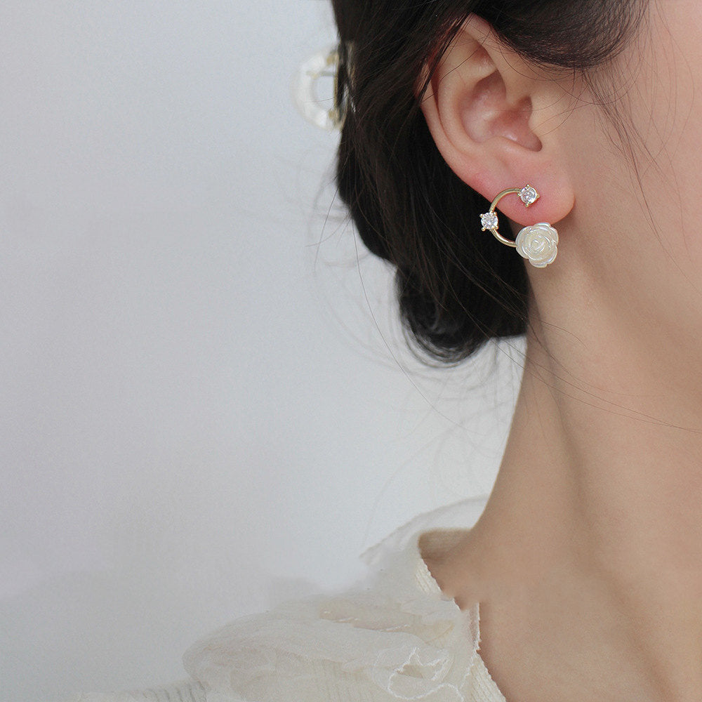 French White Rose Rhinestone Silver Stud Earrings Ainuua
