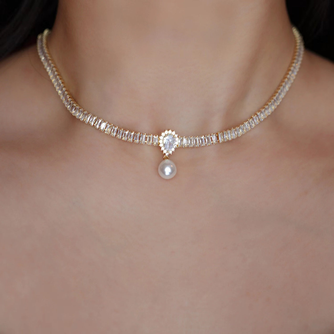 Sparkling Small Pearl Diamond Necklace Ainnua