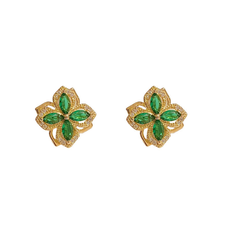 Green Zircon Rotating Four-leaf Clover Earrings Ainuua